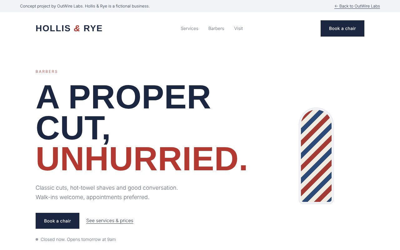 Hollis and Rye booking page concept